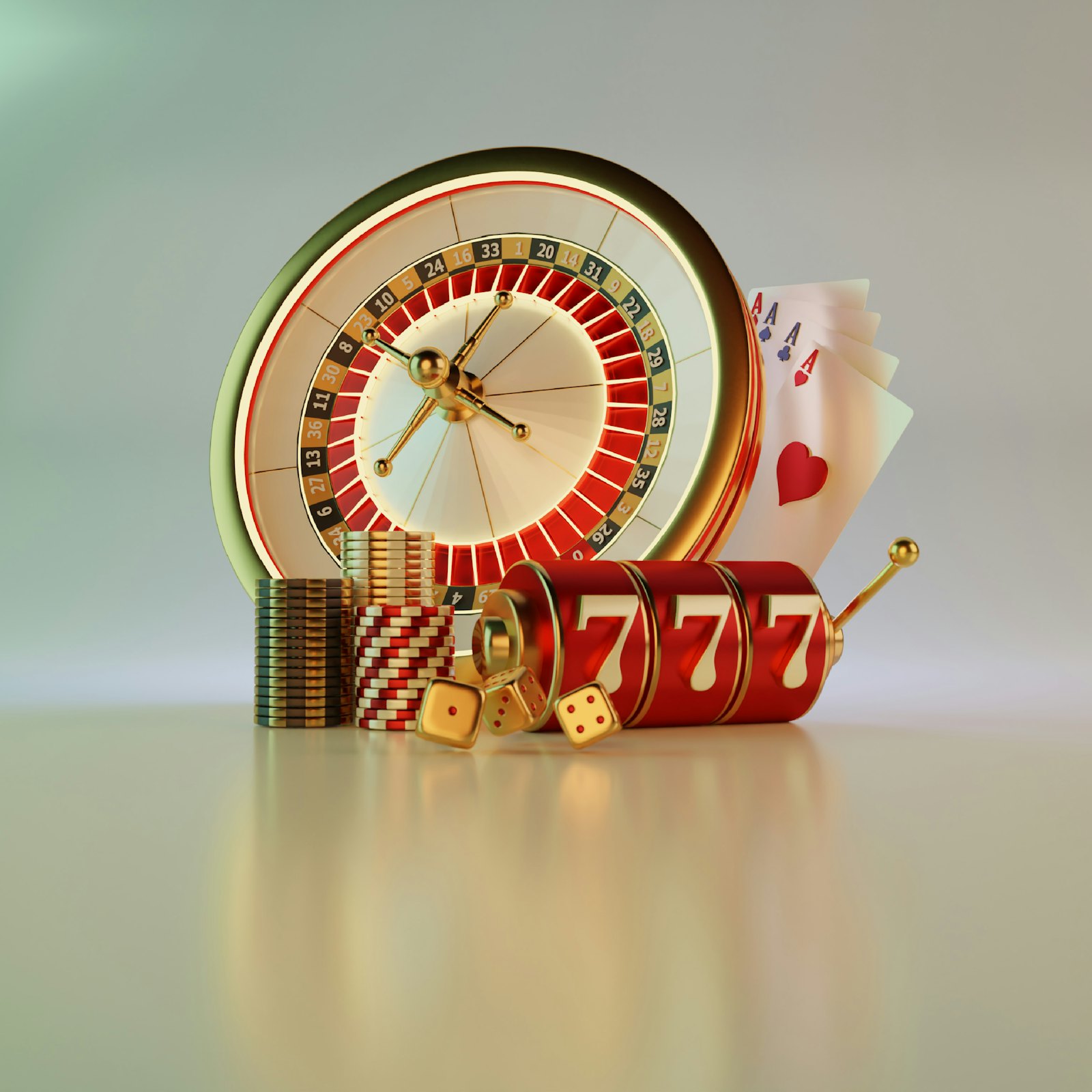 Meja permainan kasino dengan roda roulette, mesin slot 777, kartu, dan dadu